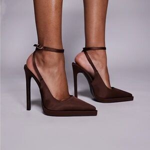Simmi London Landen platform heeled pumps brown satin chocolate US 8 ankle strap